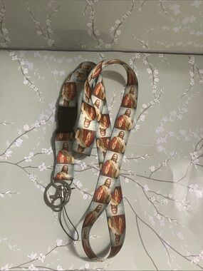 Religious Portrait Print Lanyard in Light Blue and Red